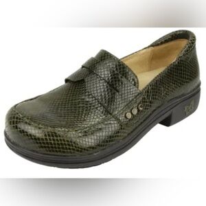 Alegria Olive Green Snakeskin-Effect Leather Loafer